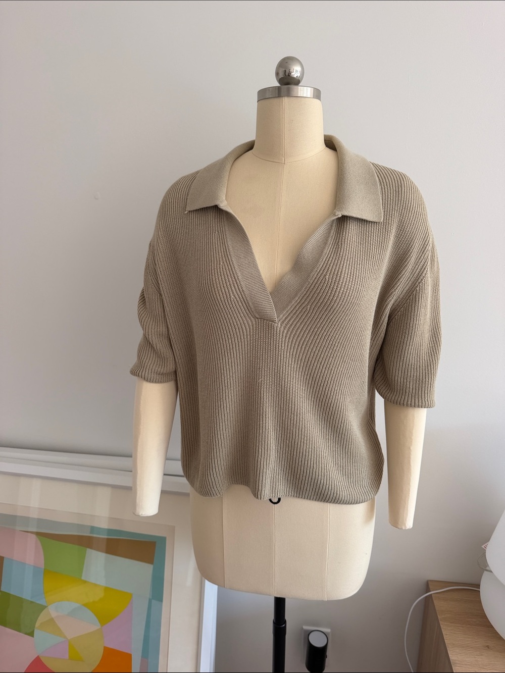 Massimo Dutti Taupe Ribbed V-Neck Collared Sweater